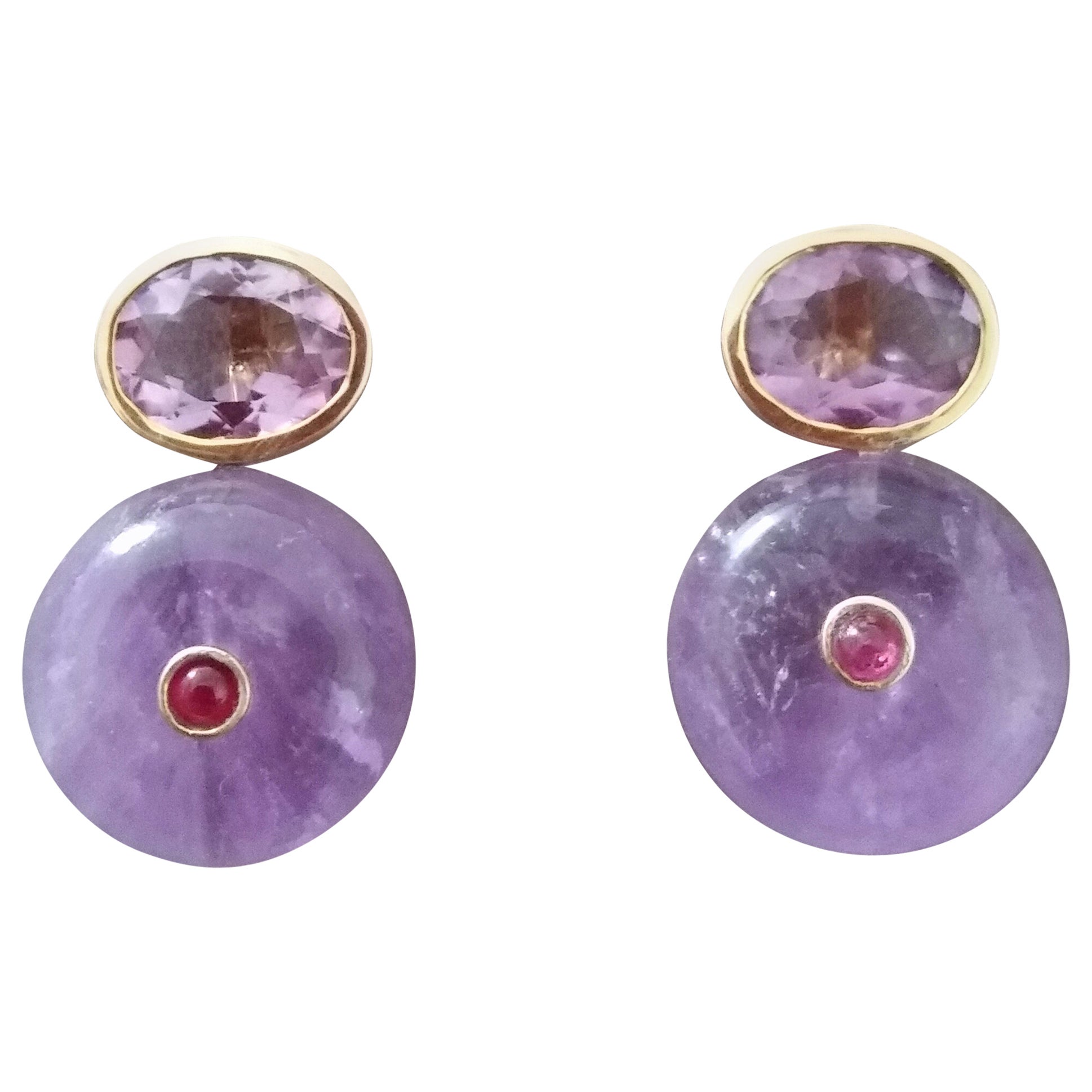 Oval Shape Faceted Amethyst Ruby 14K Gold Wheel Shape Amethyst Stud Earrings
