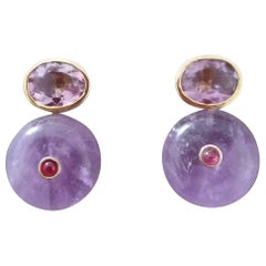 Oval Shape Faceted Amethyst Ruby 14K Gold Wheel Shape Amethyst Stud Earrings