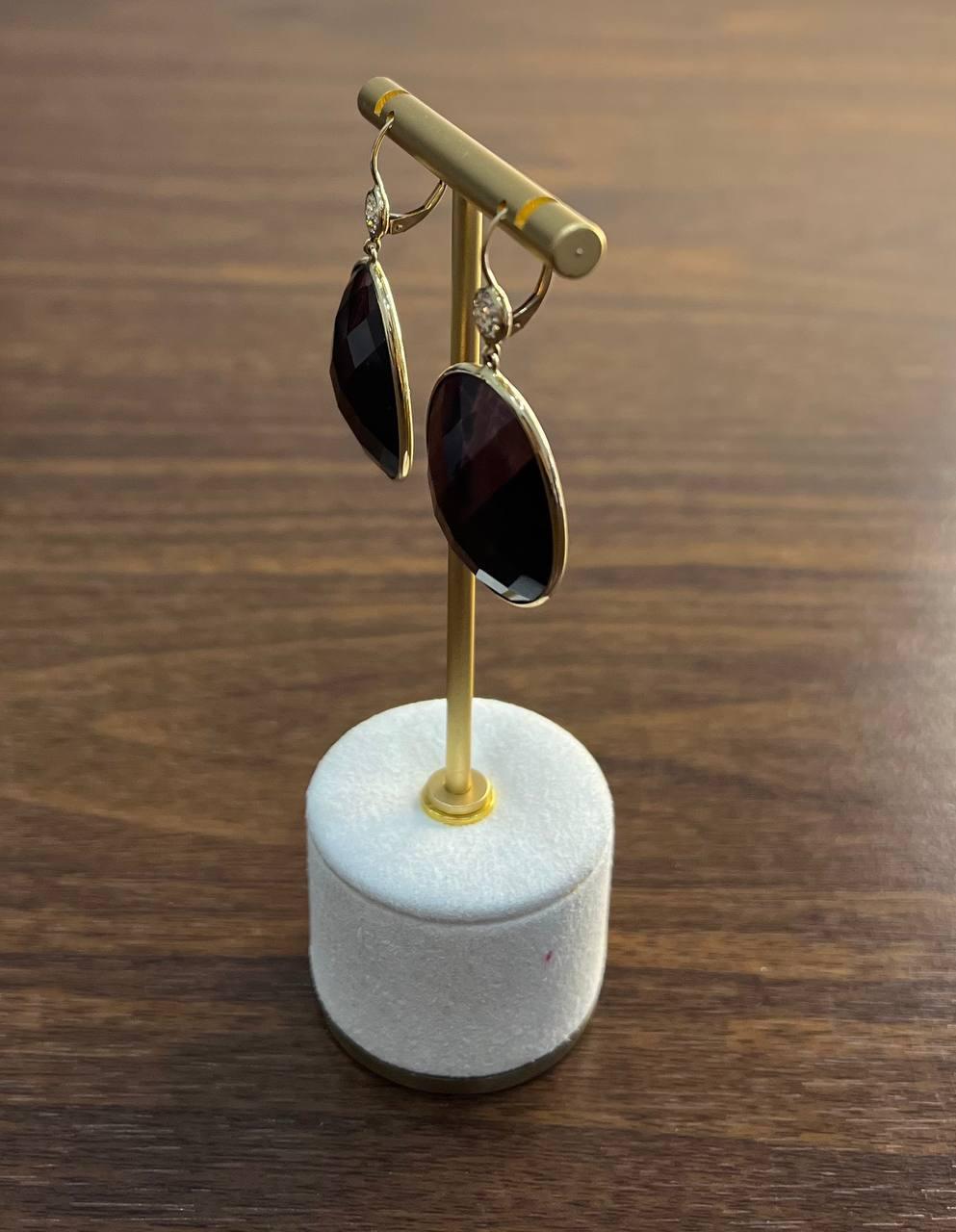 Oval Shape Faceted Brown Labradorite Diamond 14K Yellow Gold Drop Earrings In New Condition For Sale In Oakton, VA