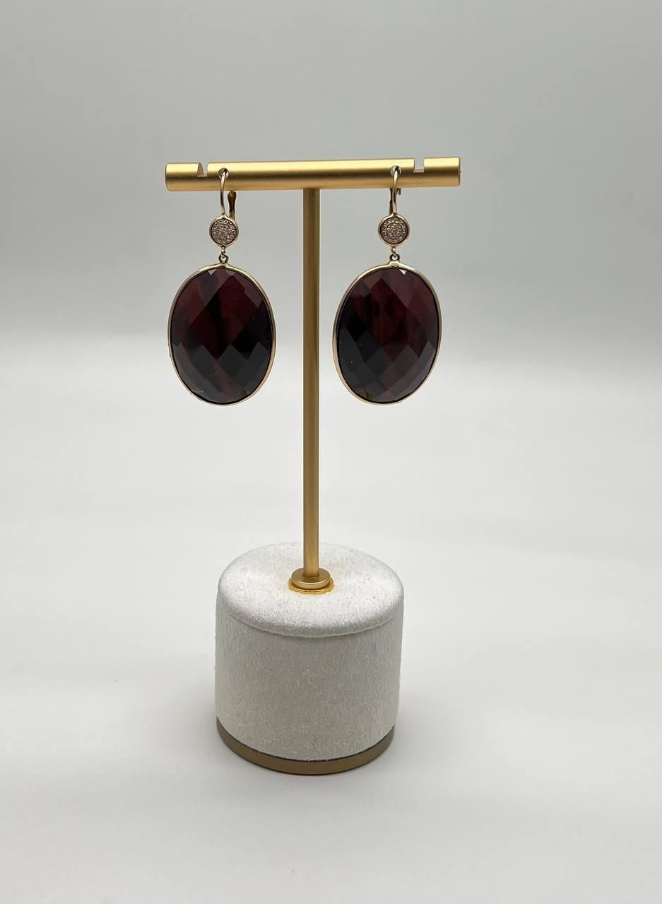 Oval Shape Faceted Brown Labradorite Diamond 14K Yellow Gold Drop Earrings For Sale 1