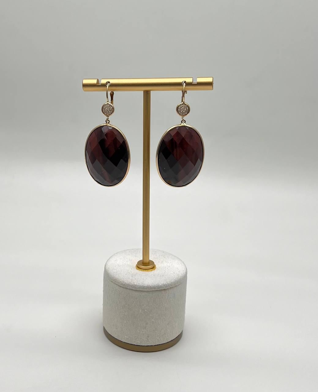 Oval Shape Faceted Brown Labradorite Diamond 14K Yellow Gold Drop Earrings For Sale 2