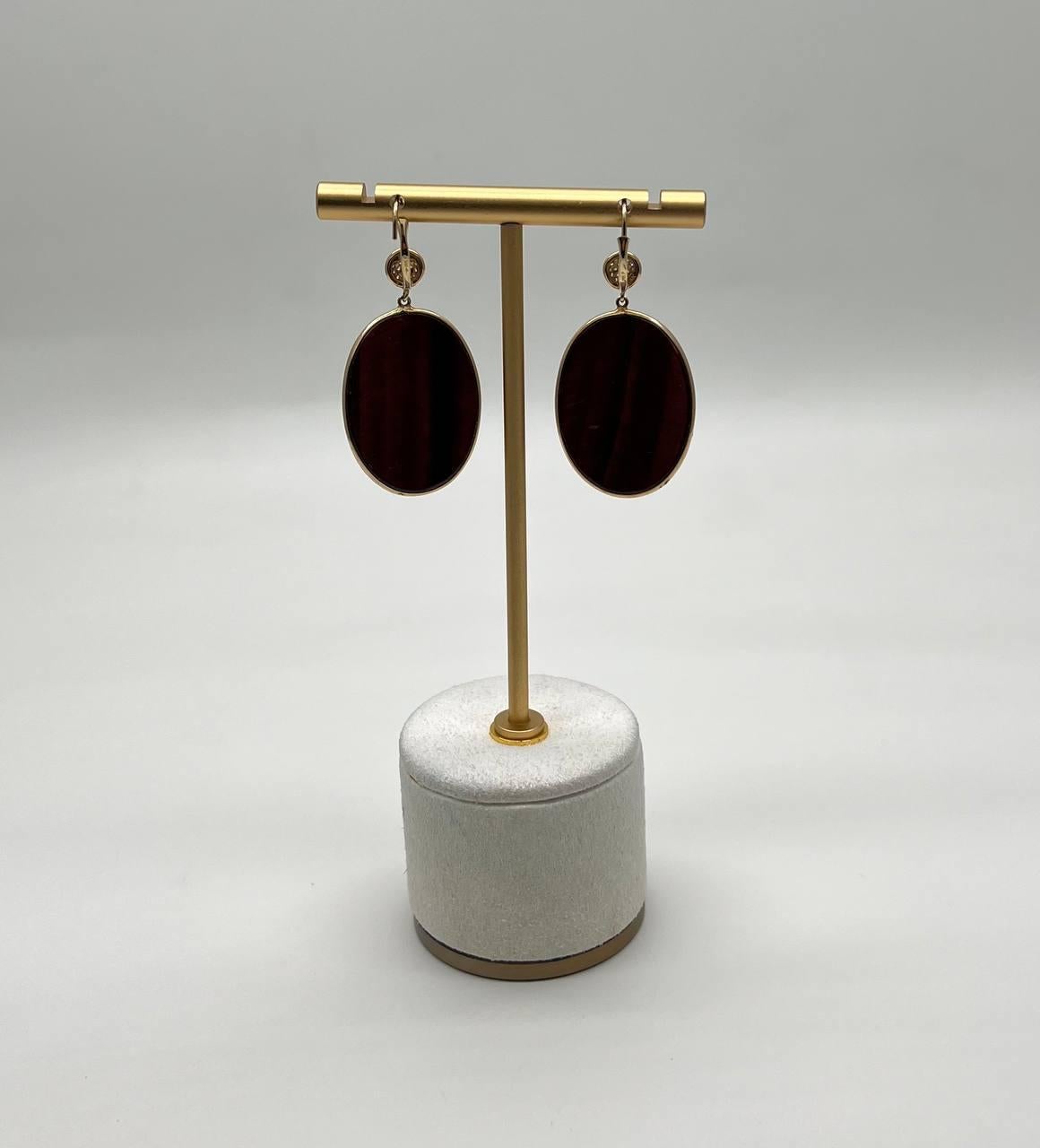 Oval Shape Faceted Brown Labradorite Diamond 14K Yellow Gold Drop Earrings For Sale 3
