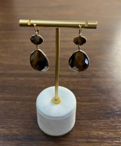 Oval Shape Faceted Cabochon Dark Brown Sapphires 14K Gold Drop Earrings