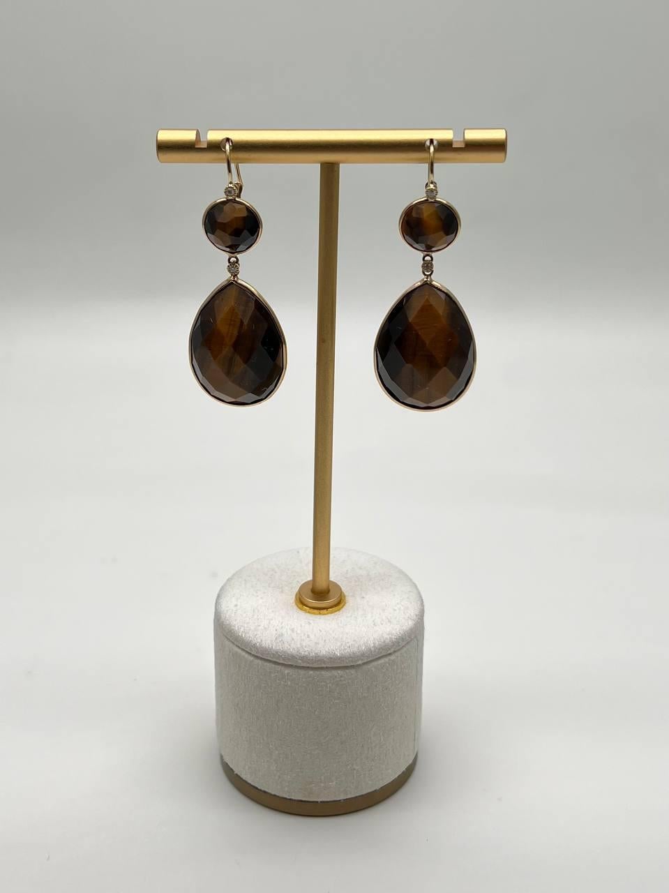 Women's Oval Shape Faceted Cabochon Dark Brown Sapphires 14K Gold Drop Earrings For Sale