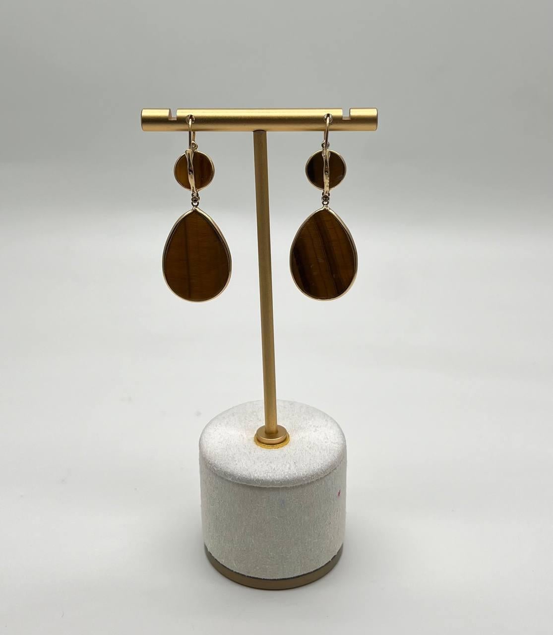 Oval Shape Faceted Cabochon Dark Brown Sapphires 14K Gold Drop Earrings For Sale 1