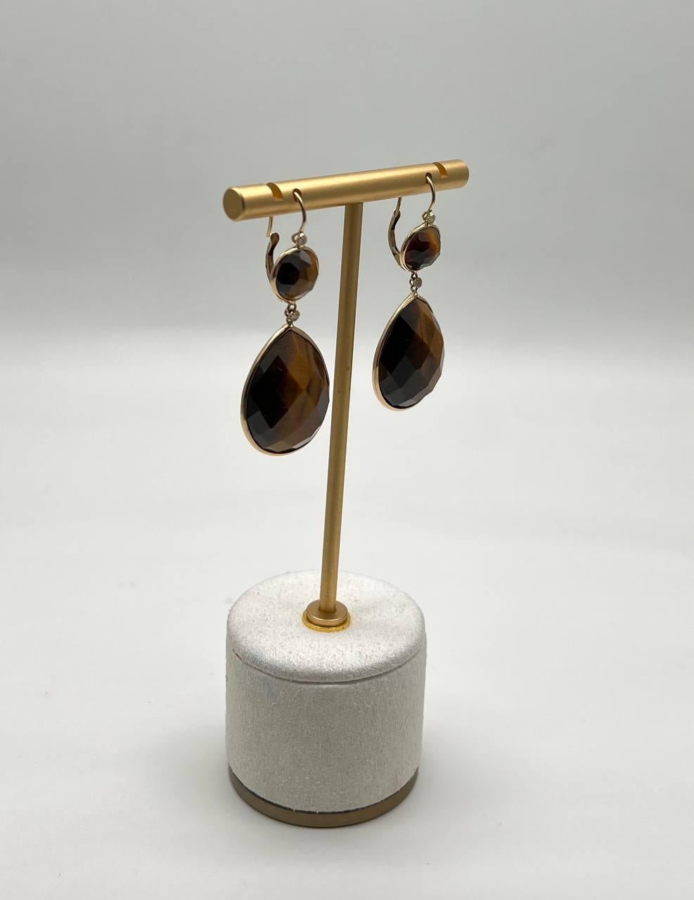 Oval Shape Faceted Cabochon Dark Brown Sapphires 14K Gold Drop Earrings For Sale 2
