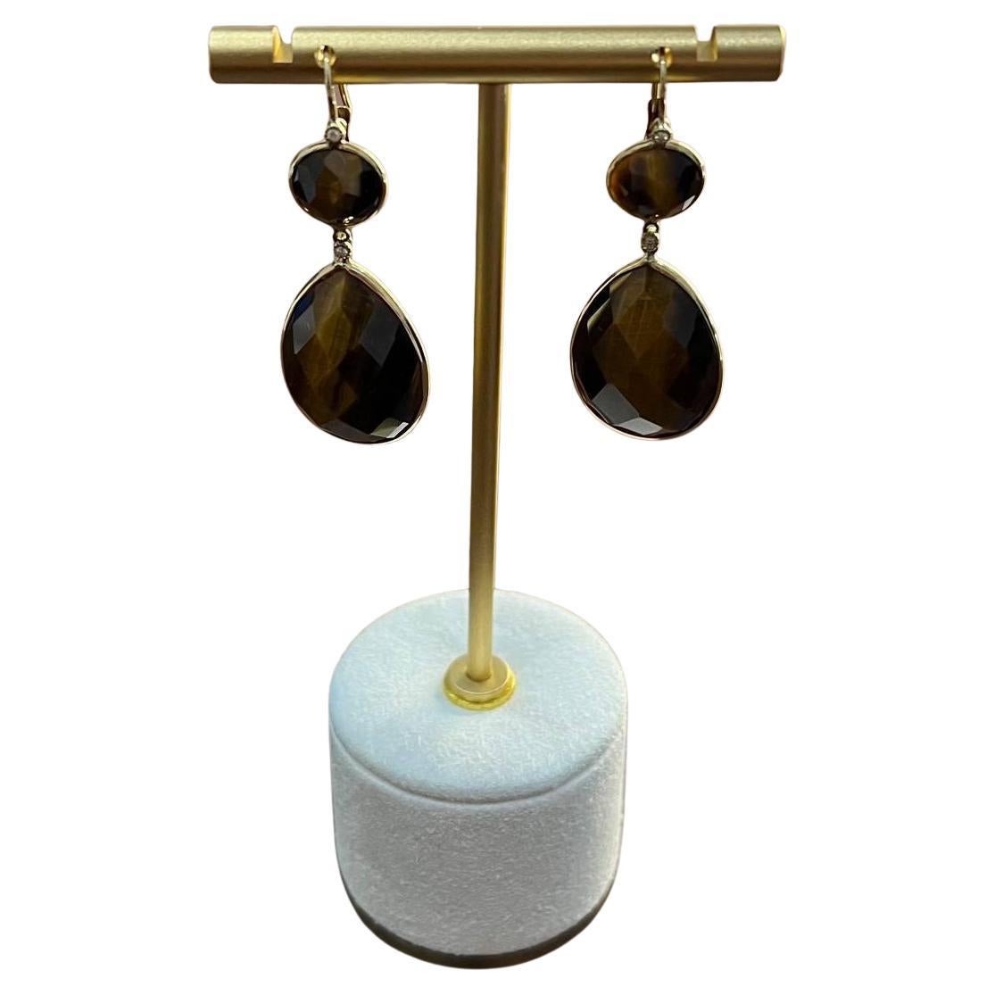 Pendientes de Gota de Oro de 14K con Cabujón Facetado de Zafiros Marrón Oscuro de Forma Ovalada