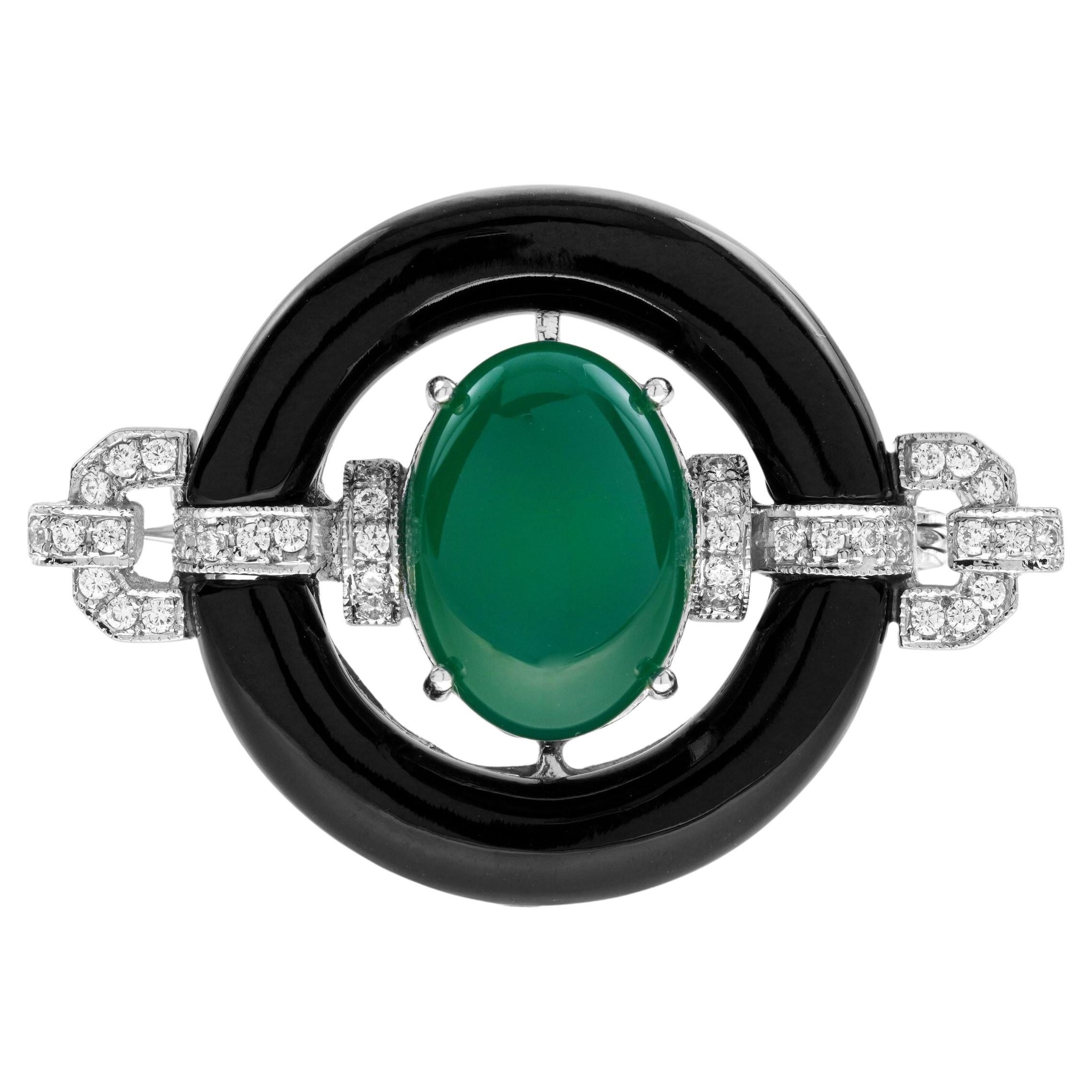 Oval Shape Green Agate & Black Onyx Diamond Art Deco Style White Gold Pin Brooch
