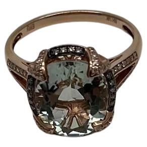 Oval Shape Green Amethyst Prasiolite Diamond Halo 14K Rose Gold Statement Ring