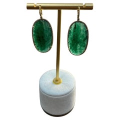 Oval Shape Green Aventurine Brown Diamond Halo 14K Yellow Gold Dangle Earrings