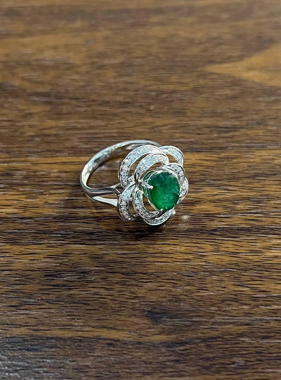 Oval Shape Green Emerald 14K White Gold Diamond Halo Floral Flower Spirals Ring For Sale 1