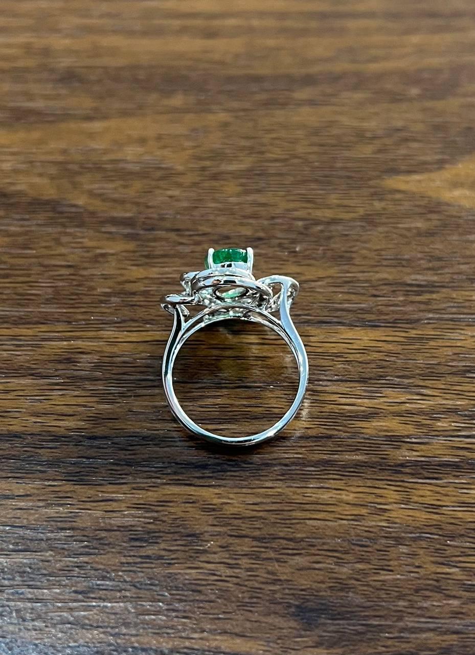 Oval Shape Green Emerald 14K White Gold Diamond Halo Floral Flower Spirals Ring For Sale 2