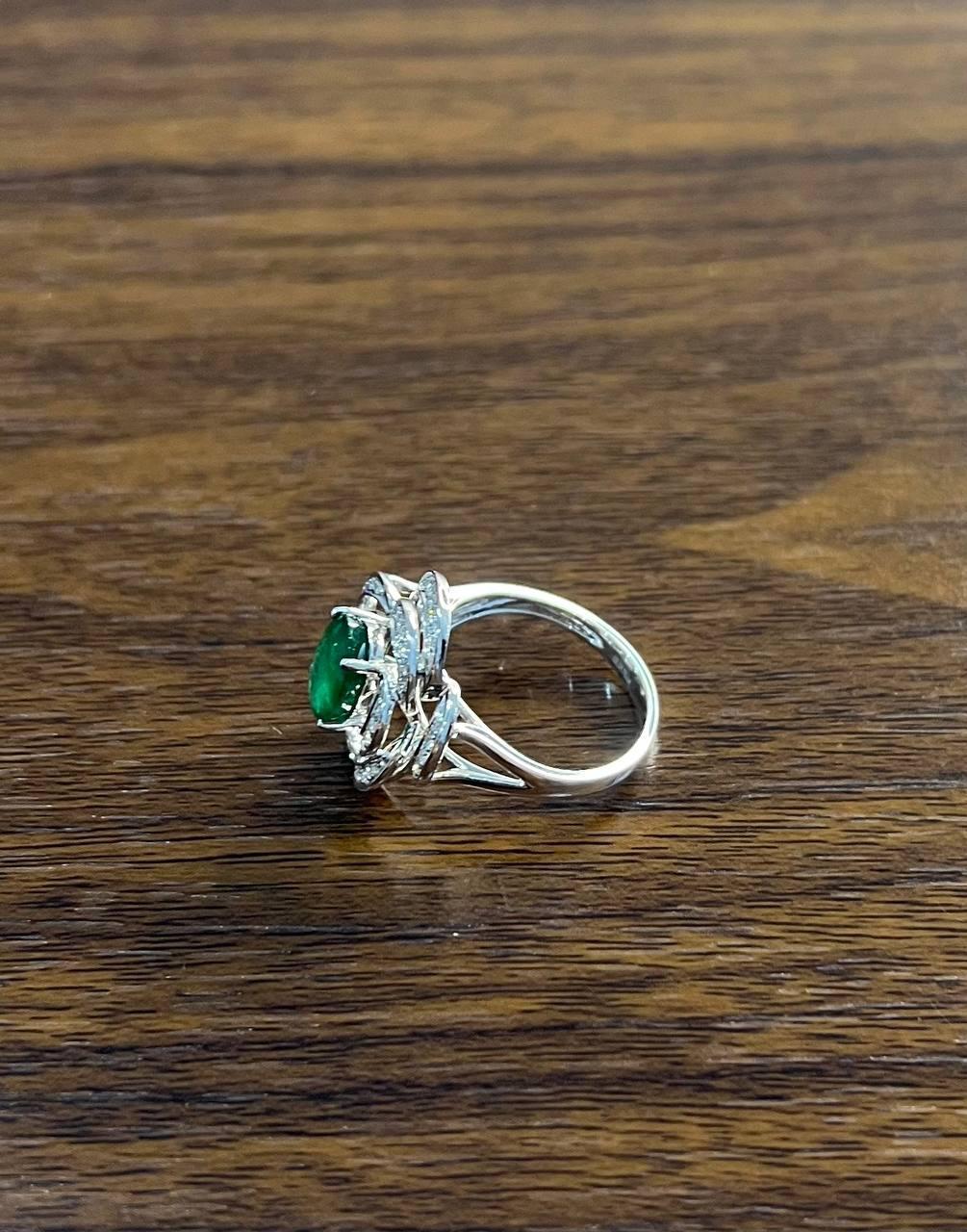 Oval Shape Green Emerald 14K White Gold Diamond Halo Floral Flower Spirals Ring For Sale 3