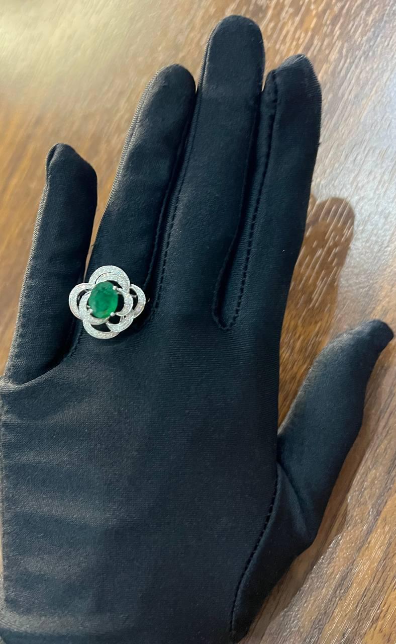 Oval Shape Green Emerald 14K White Gold Diamond Halo Floral Flower Spirals Ring For Sale 4
