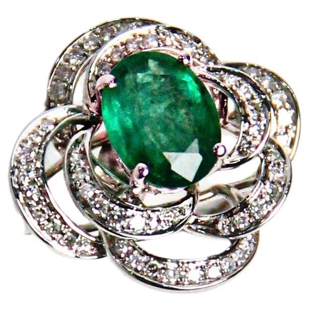 Oval Shape Green Emerald 14K White Gold Diamond Halo Floral Flower Spirals Ring