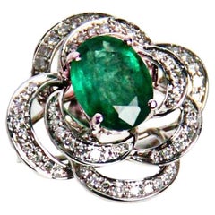 Oval Shape Green Emerald 14K White Gold Diamond Halo Floral Flower Spirals Ring