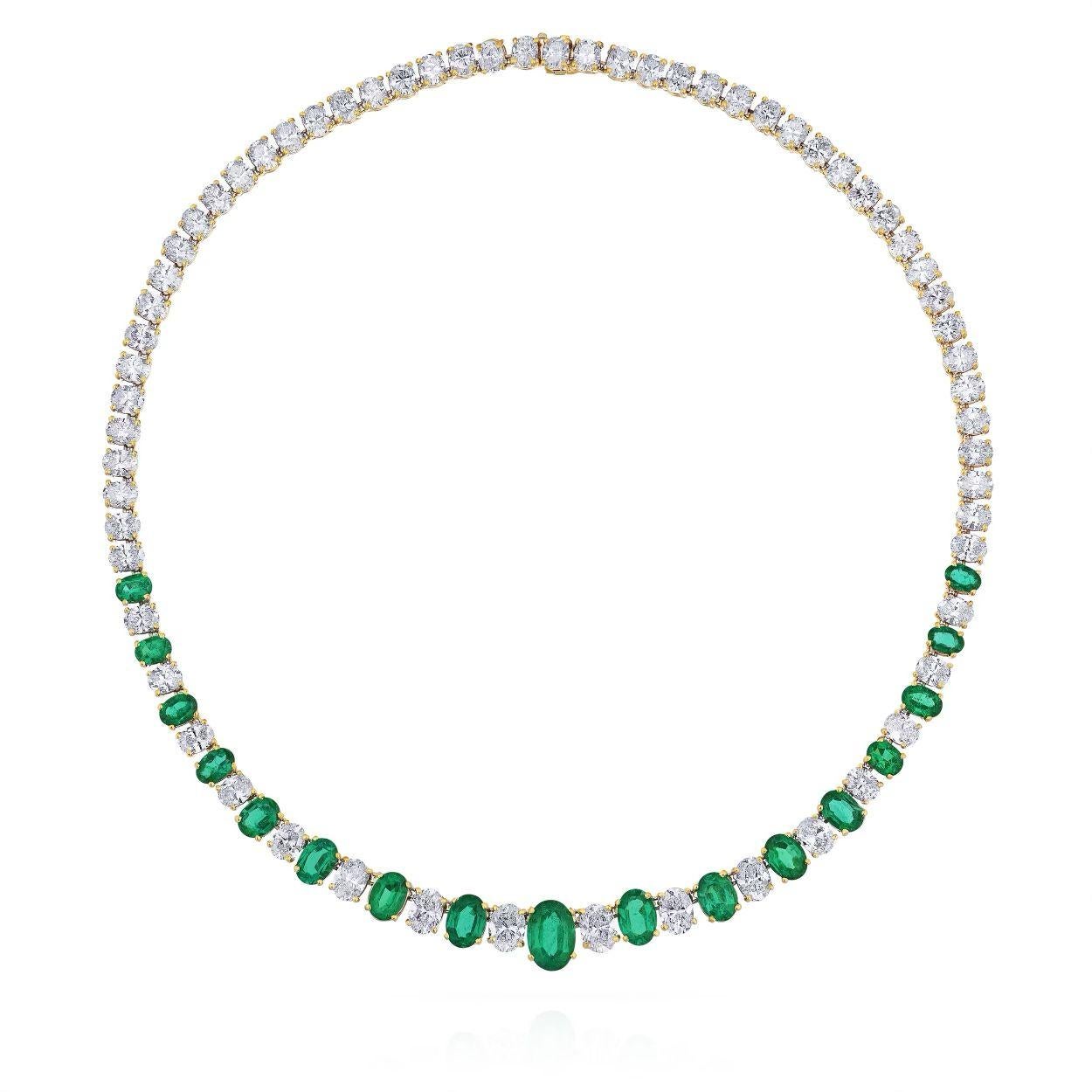Oval geformt grüner Smaragd und Diamant abwechselnd Halskette 46 Karat für Damen oder Herren