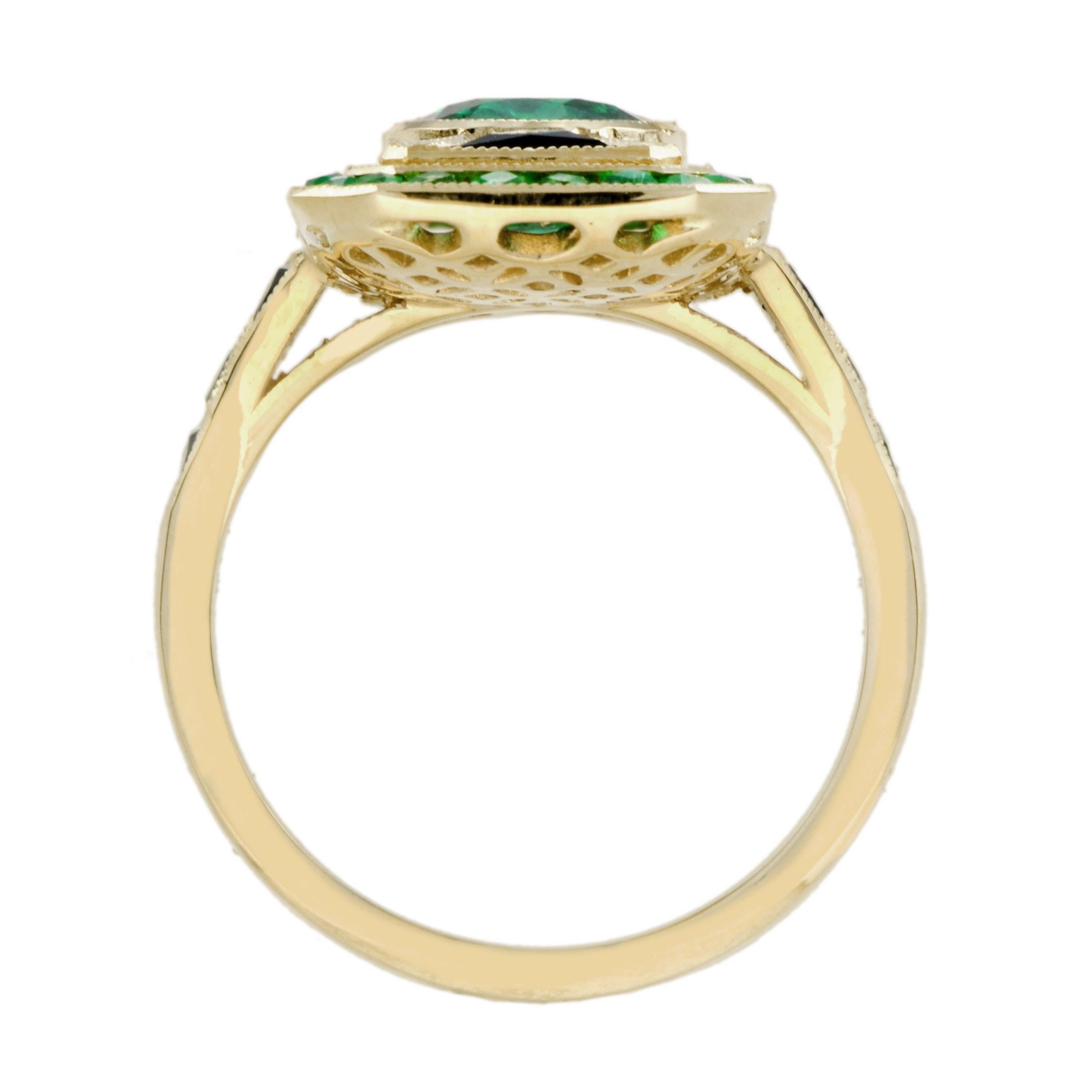 Ovaler grüner Smaragd & schwarzer Onyx Art Deco Stil 14K Gelbgold Ring (Ovalschliff) im Angebot