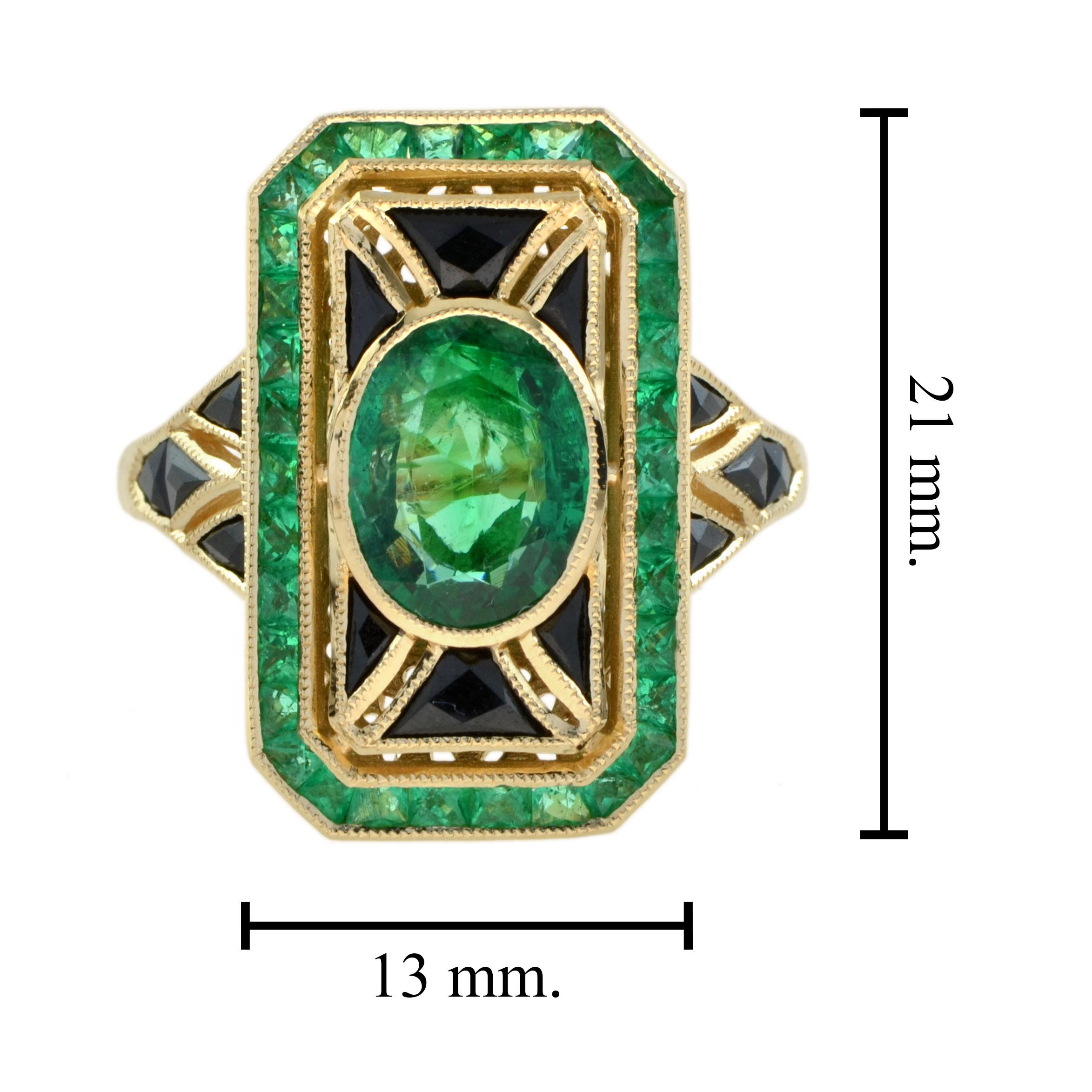 Ovaler grüner Smaragd & schwarzer Onyx Art Deco Stil 14K Gelbgold Ring im Zustand „Neu“ im Angebot in Oakton, VA