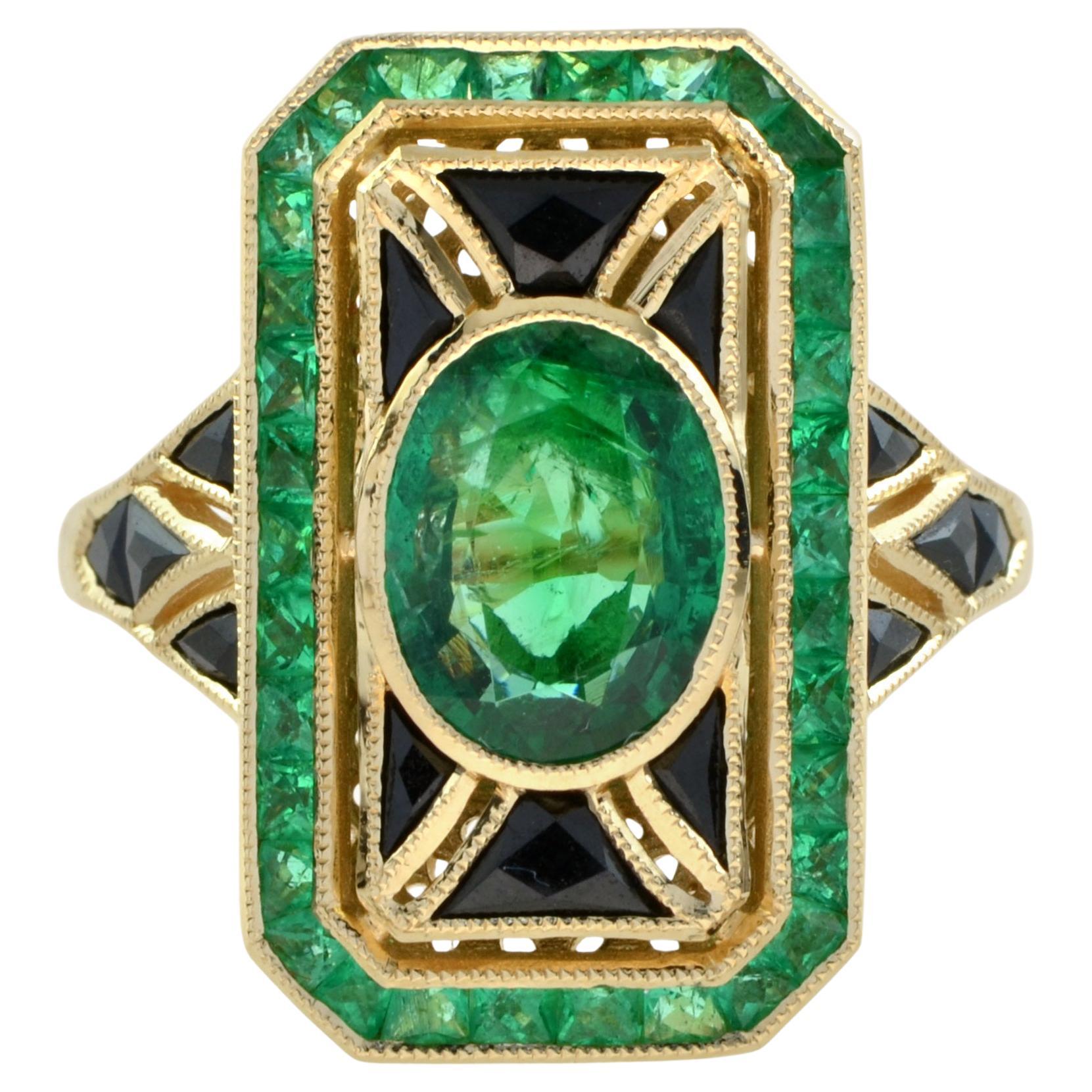 Ovaler grüner Smaragd & schwarzer Onyx Art Deco Stil 14K Gelbgold Ring