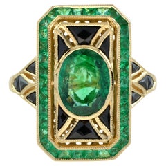 Ovaler grüner Smaragd & schwarzer Onyx Art Deco Stil 14K Gelbgold Ring