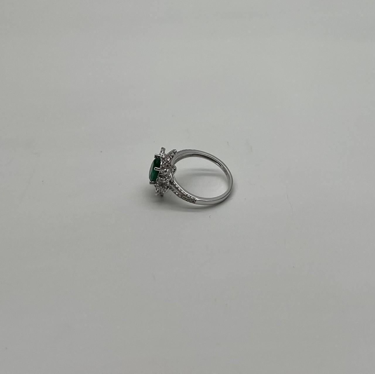 Oval Cut Oval Shape Green Emerald Diamond Pave Halo Set 14K White Gold Statement Ring For Sale