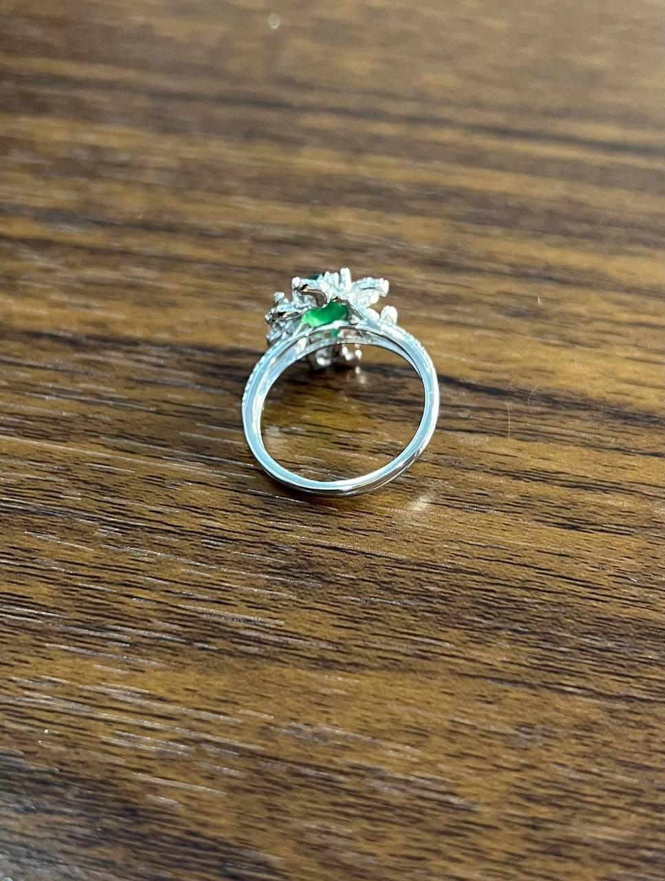 Women's Oval Shape Green Emerald Diamond Pave Halo Set 14K White Gold Statement Ring For Sale