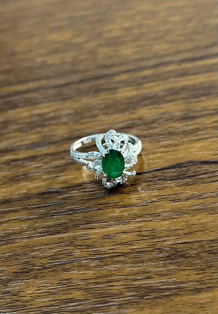 Oval Shape Green Emerald Diamond Pave Halo Set 14K White Gold Statement Ring For Sale 2