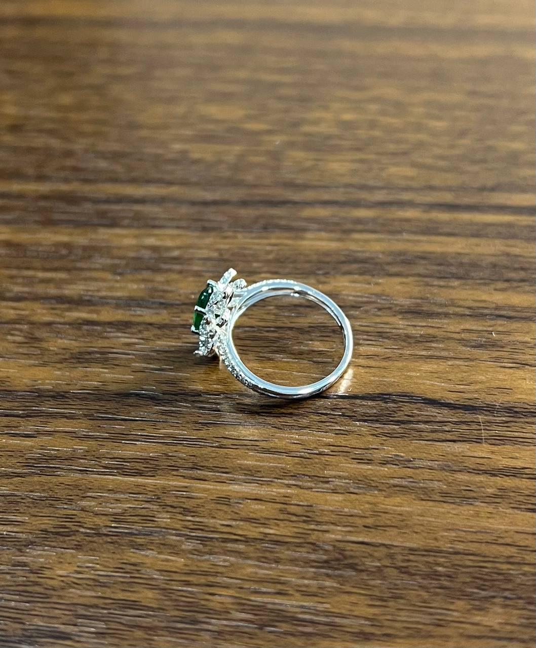 Oval Shape Green Emerald Diamond Pave Halo Set 14K White Gold Statement Ring For Sale 3
