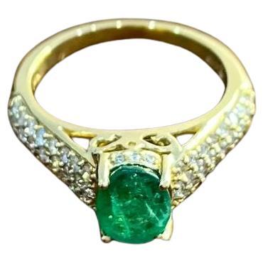 Oval Shape Green Emerald Diamond Pave Set 14K Yellow Gold Classic Ring For Sale