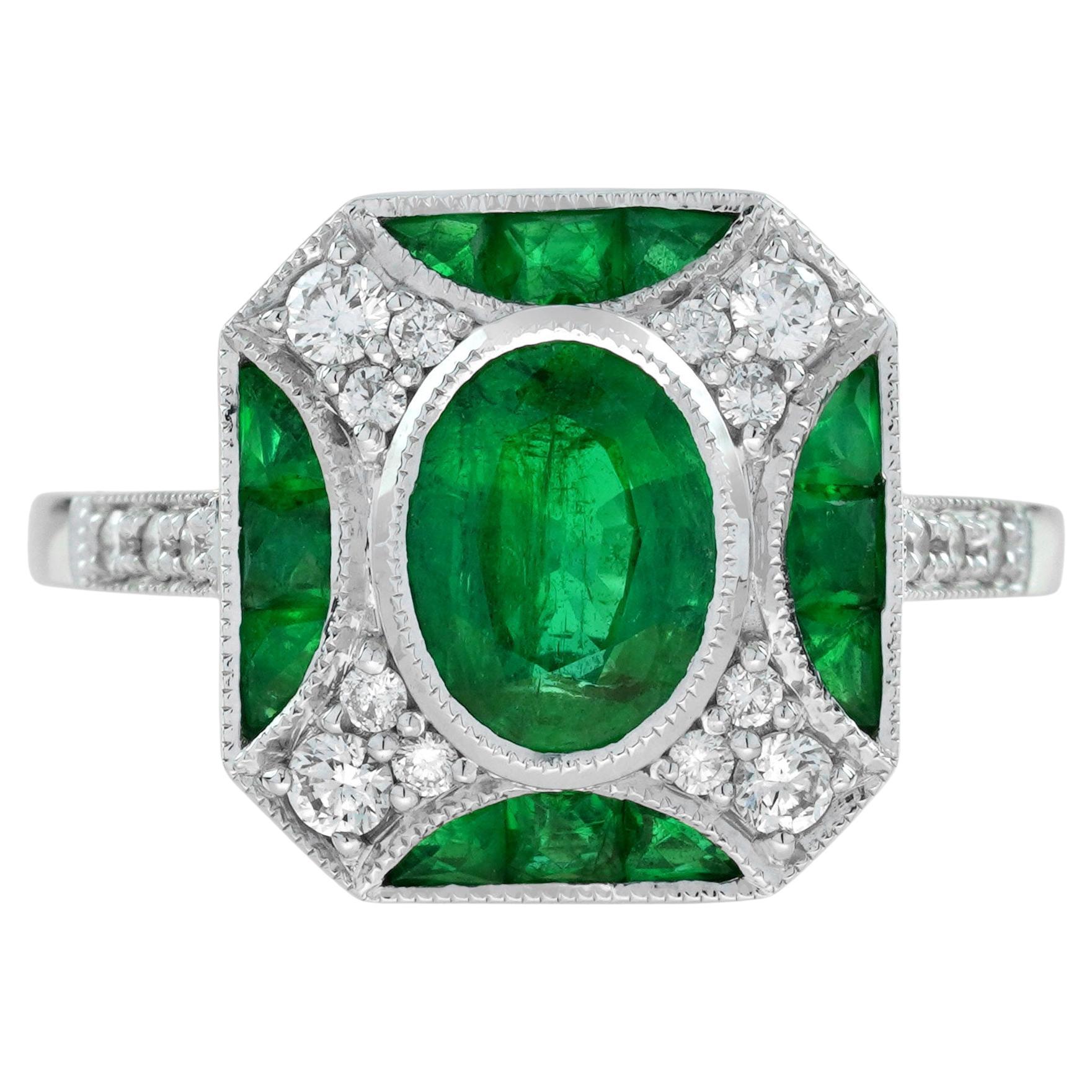 Ovaler grüner Smaragd & Diamant Weißgoldring im Vintage-Art-Deco-Stil im Angebot