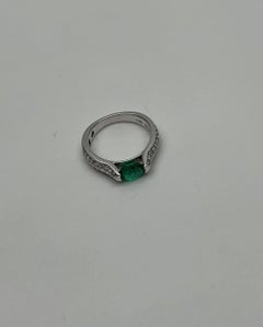 Oval Shape Green Emerald Horizontal Set 14K White Gold Diamonds Pave Ring