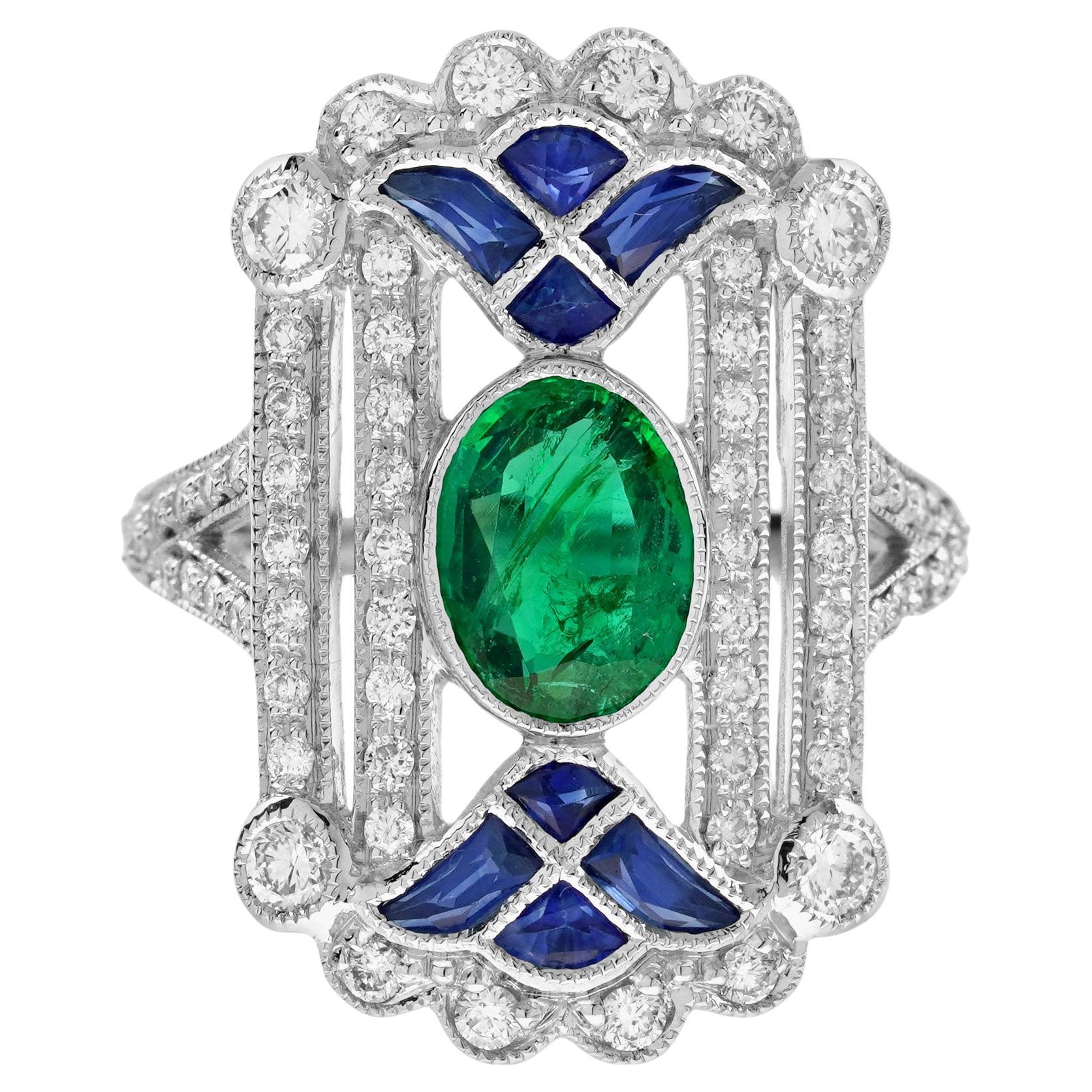 Bague de forme ovale en émeraude verte et saphir diamant Art Deco de style égyptien blanc en vente