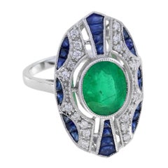 Oval Shape Green Emerald Sapphire Diamond Art Deco Style Shield White Gold Ring