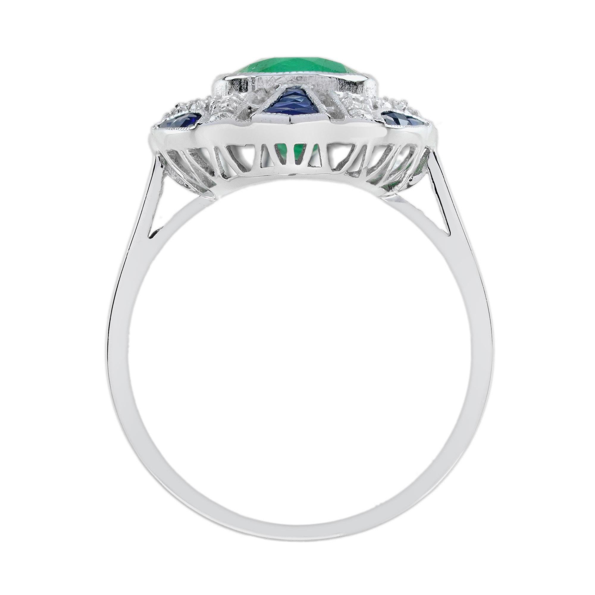 Oval Shape Green Emerald Sapphire Diamond Art Deco Style Shield White Gold Ring Neuf - En vente à Oakton, VA