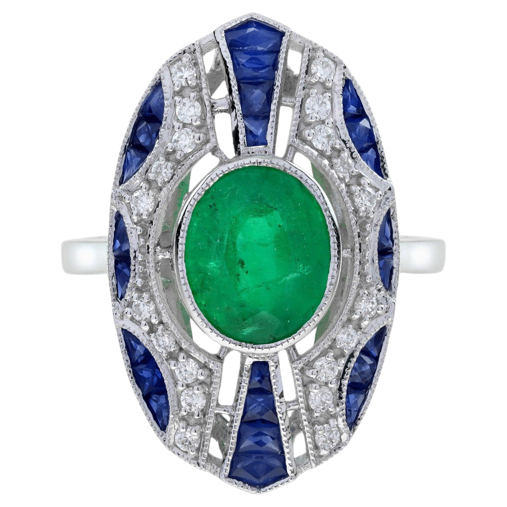 Oval Shape Green Emerald Sapphire Diamond Art Deco Style Shield White Gold Ring
