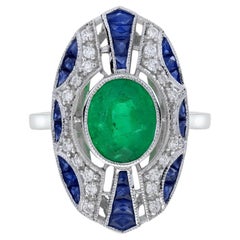 Oval Shape Green Emerald Sapphire Diamond Art Deco Style Shield White Gold Ring