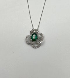 Oval Shape Green Emerald White Diamond Halo 14K White Gold Pendant Necklace