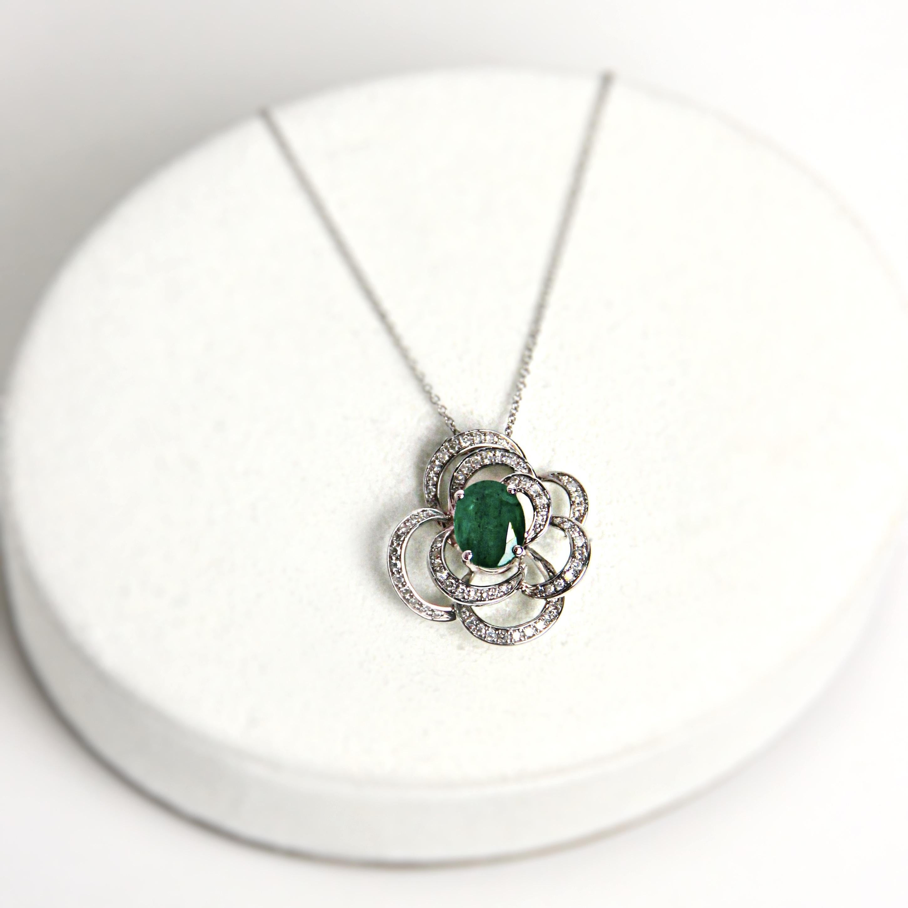 Oval Shape Green Emerald White Diamond Halo 14K White Gold Pendant Necklace In New Condition For Sale In Oakton, VA