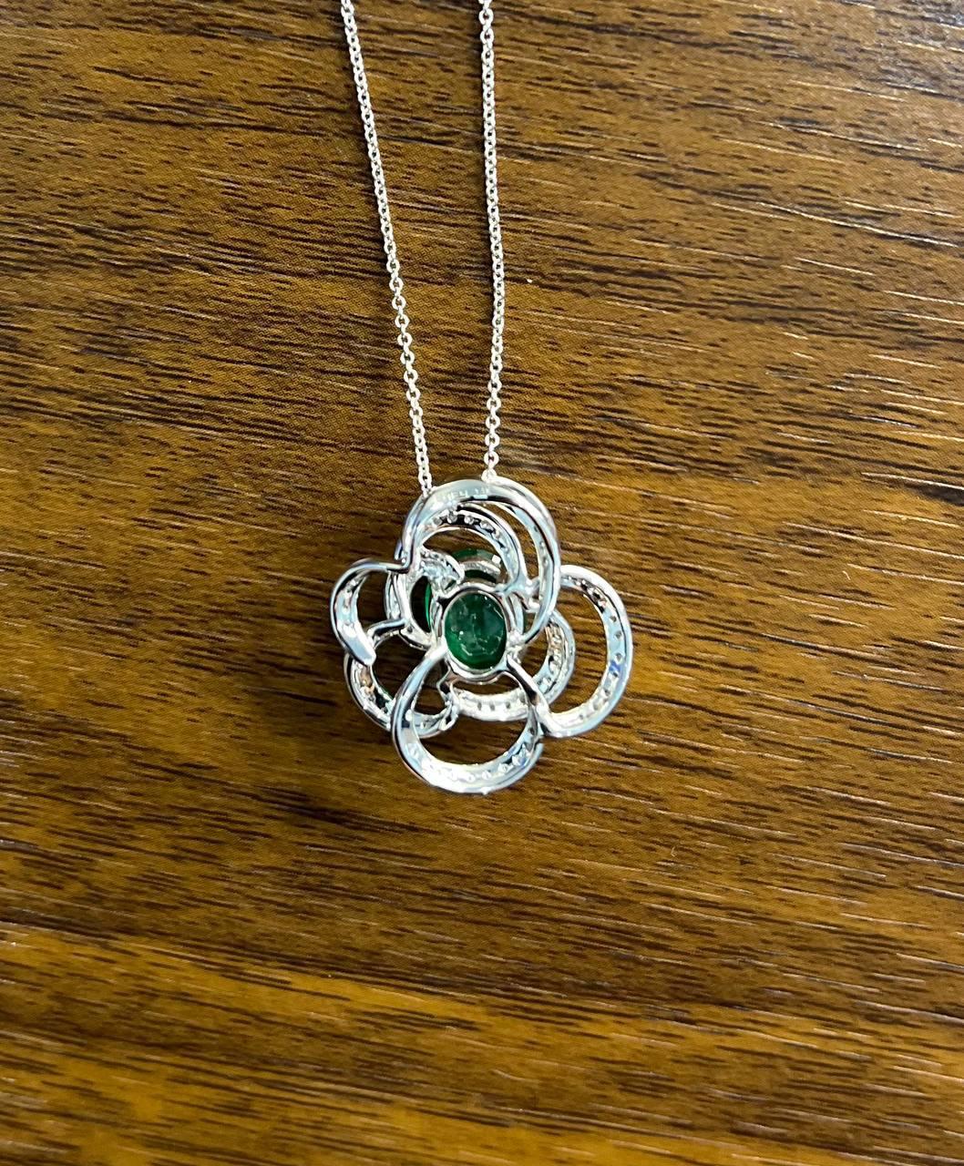 Oval Shape Green Emerald White Diamond Halo 14K White Gold Pendant Necklace For Sale 1