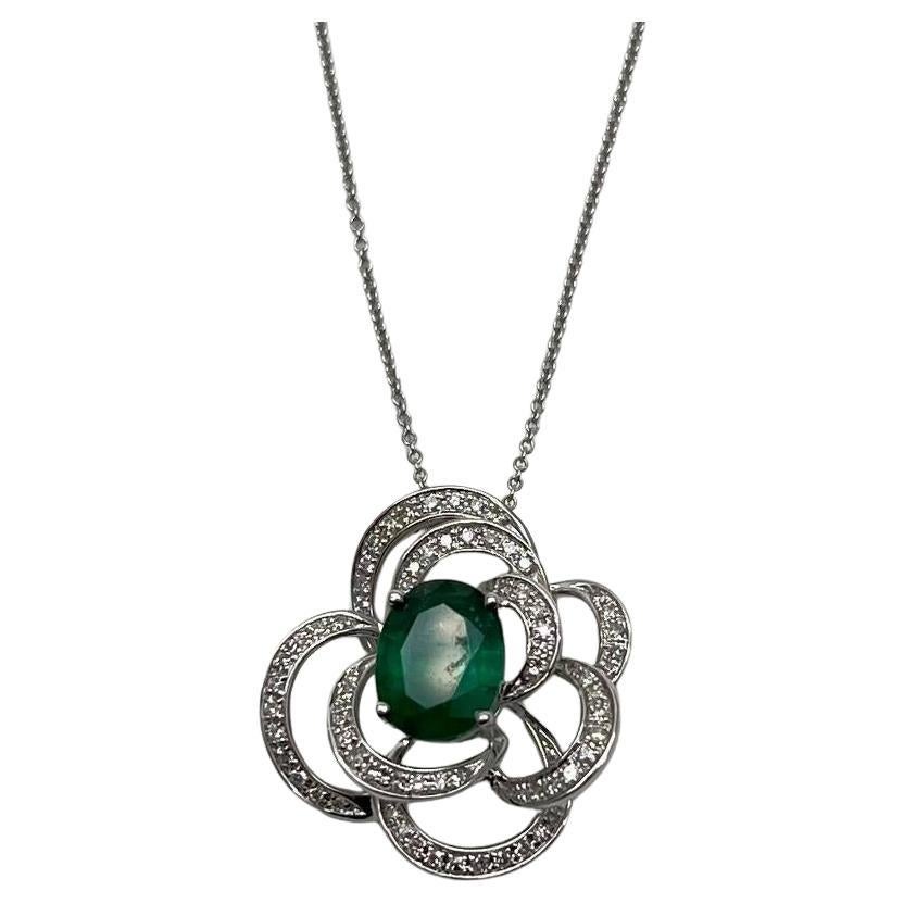 Oval Shape Green Emerald White Diamond Halo 14K White Gold Pendant Necklace
