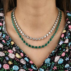 Oval Shape Green Gemstone Fine Necklace Baguette Diamond 14 Karat White Gold