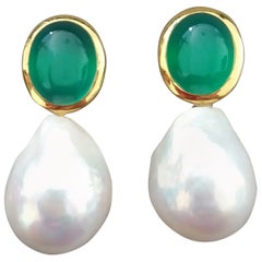 Oval Shape Green Onyx Cabs 14 Kt Yellow Gold Bezel Baroque Pearls Stud Earrings