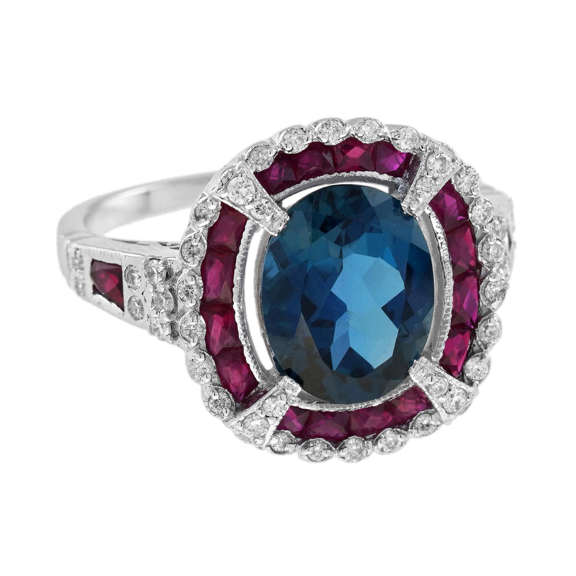 Este elegante reloj de 2.45 ct. El anillo ovalado de topacio azul de Londres con rubí y diamantes dará un llamativo toque de brillo a tu look. Elaborado en lustroso oro blanco, el anillo presenta una gema de topacio azul de Londres de talla ovalada