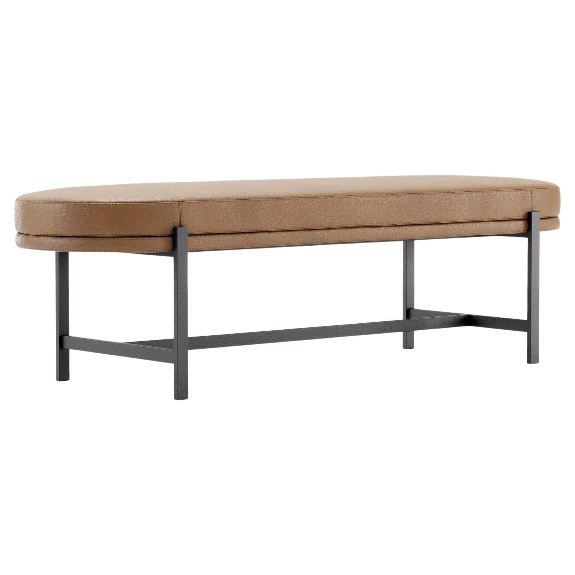 Oval Shape Metal Bench Upholstered in Custom Leather Colors For Sale