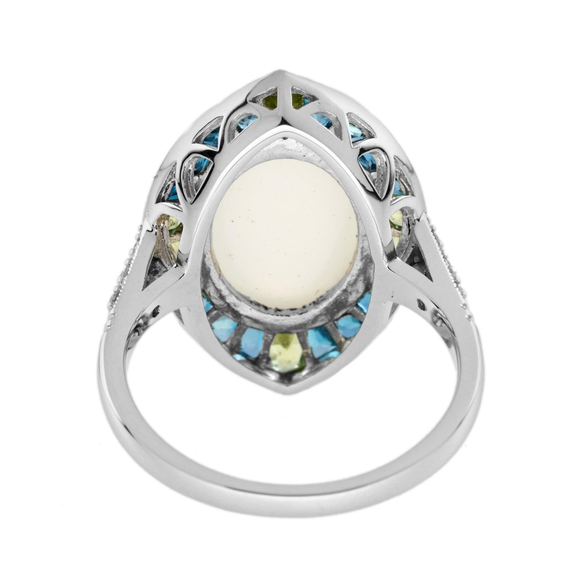 Bague de cocktail de forme ovale en pierre de lune, diamant, topaze bleue et péridot de style Art déco Neuf - En vente à Oakton, VA