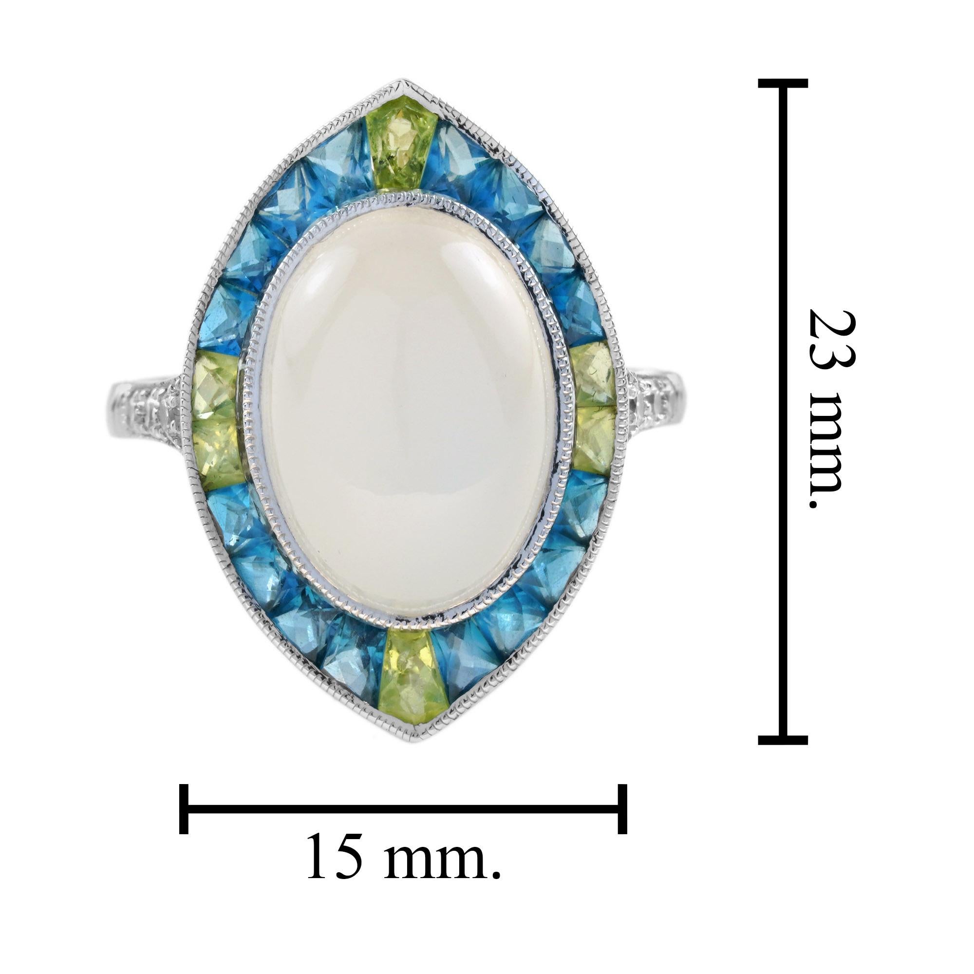 Bague de cocktail de forme ovale en pierre de lune, diamant, topaze bleue et péridot de style Art déco en vente 1