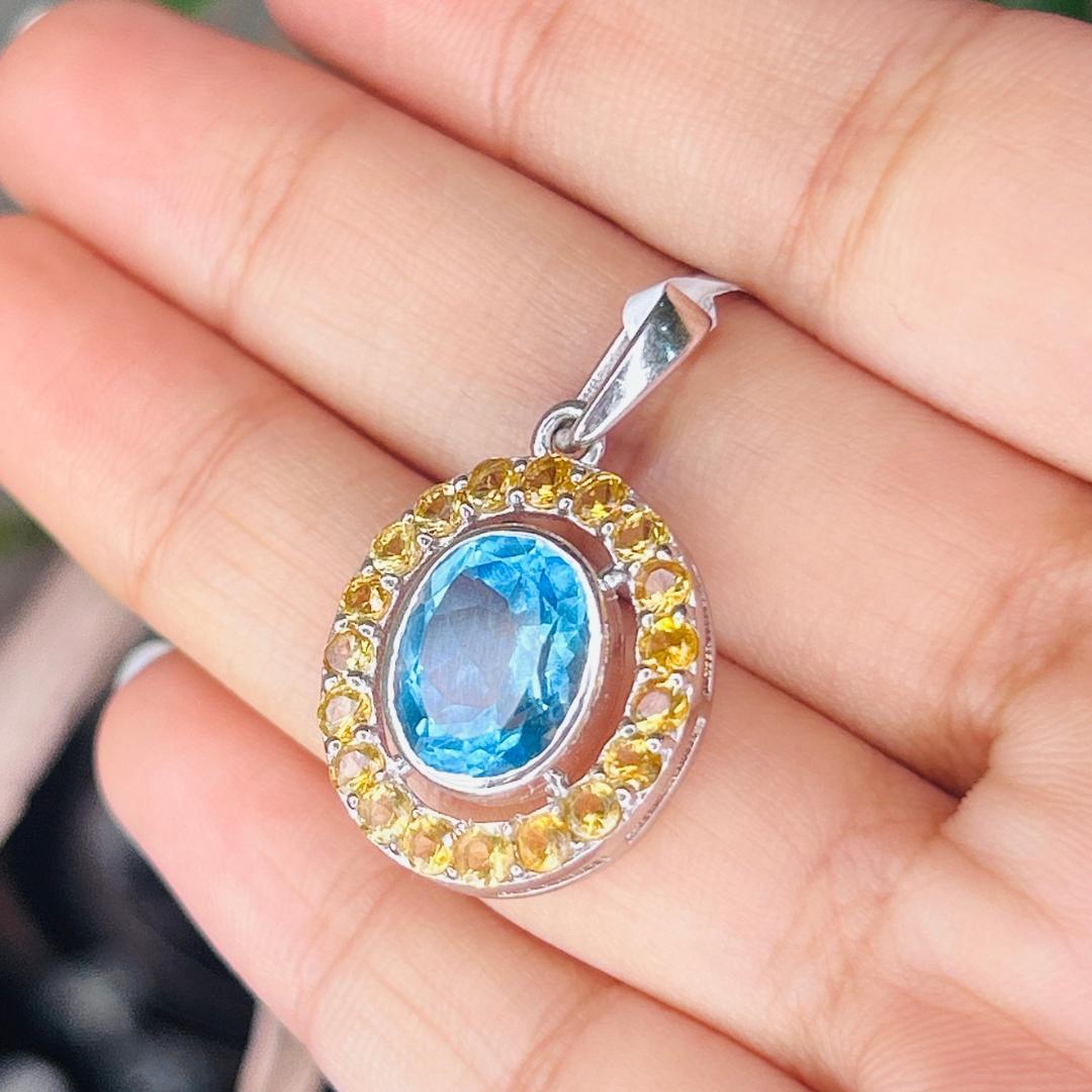 Mixed Cut Oval Shape Multi Gemstone Pendant for Wedding Gift in Sterling Silver For Mom For Sale