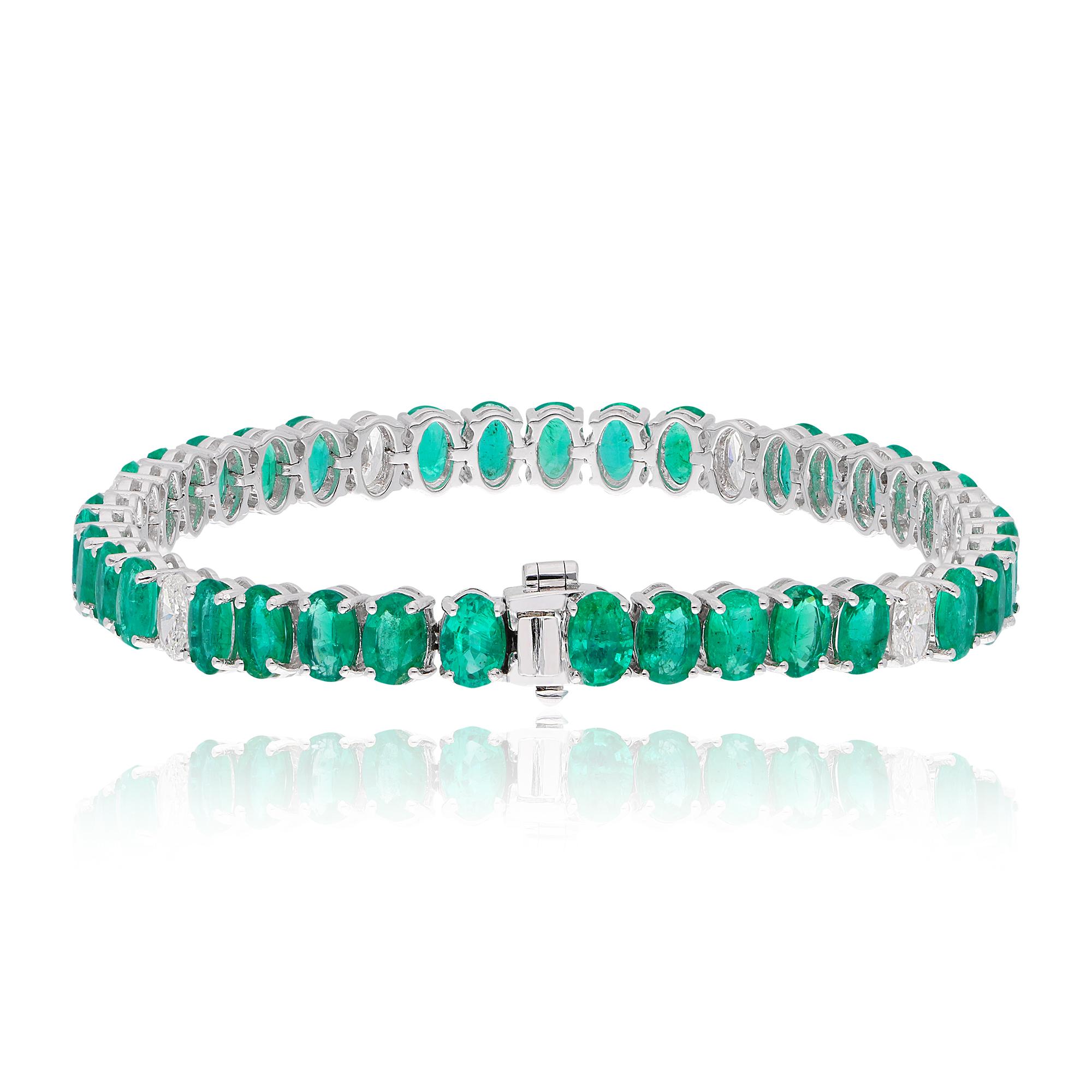 Ovales Smaragd-Edelsteinarmband aus 14 Karat Weißgold mit natürlichem Smaragd und Diamant (Art déco) im Angebot