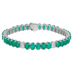 Oval Shape Natural Emerald Gemstone Bracelet Diamond 14 Karat White Gold Jewelry